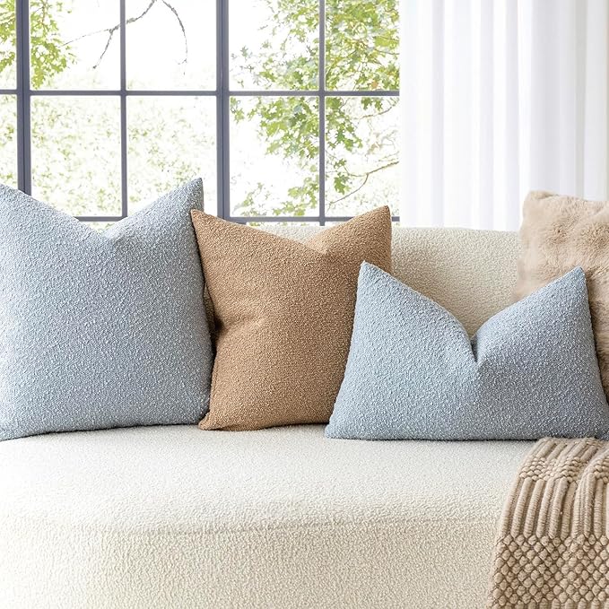 Foindtower Set of 2, Decorative Textured Boucle Throw Pillow Covers Accent Solid Pillow Cases Neutral Soft Cozy Couch Cushion Case for Chair Sofa Bedroom Living Room Home Decor 24 x 24 Inch Light Blue