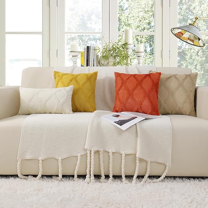decorUhome Fall Throw Pillow Covers 24x24 Inch Set of 2, Soft Plush Faux Fur Wool Rust Couch Pillow Covers, Decorative Neutral Pillow Cases for Bed Sofa Living Room Home Decor