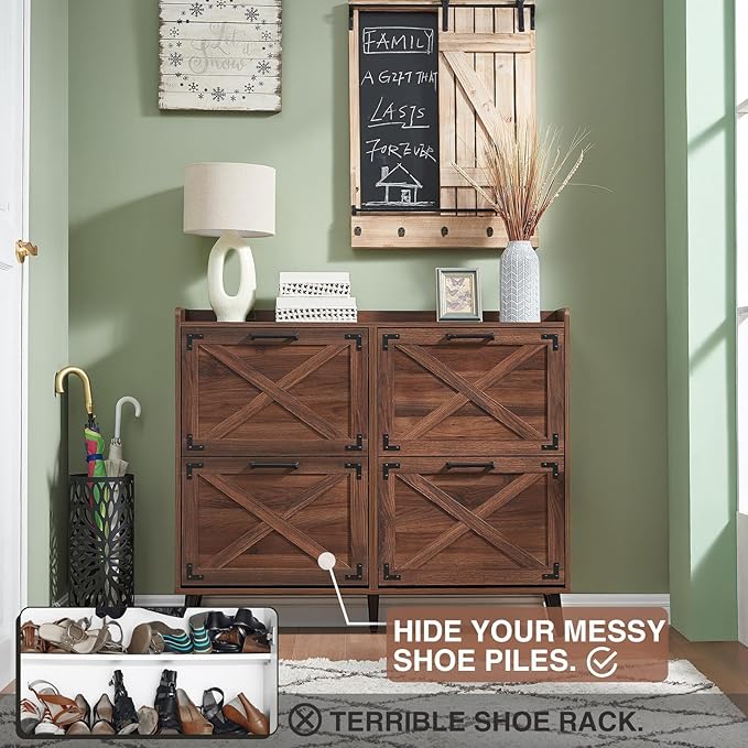 Shoe Storage Cabinet,Farmhouse Shoe Organizer with 4 Flip Drawers & Barn Door Design,Freestanding Hidden Slim Narrow Shoe Rack Cabinet for Entryway,Foyer,Hallway,Walnut