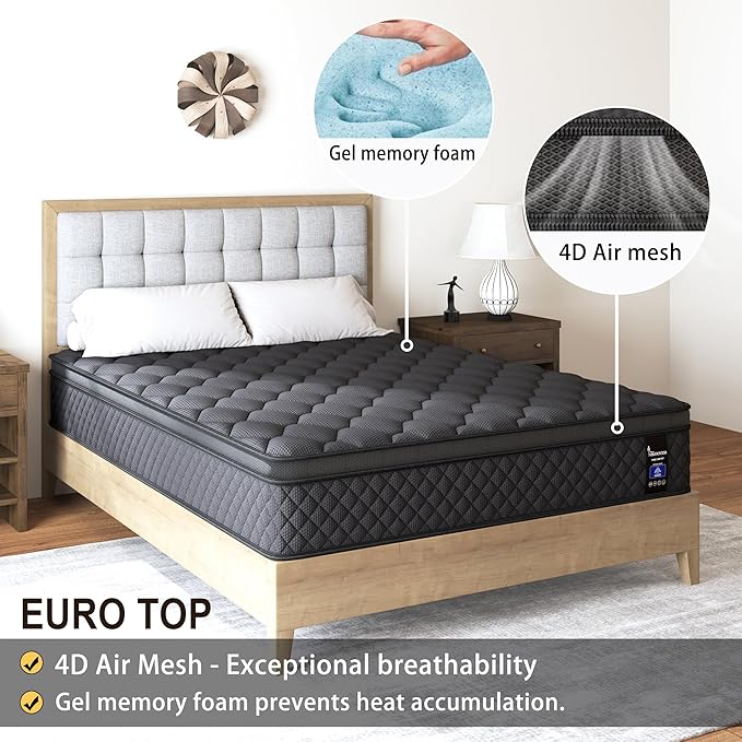 Hybrid Mattress, Medium Mattress Euro Top for Back & Lumbar Support, 100 Night Trial, Individual Pocket Spring Bed for Motion Isolation & Pressure Relief (14 Inch, Queen)