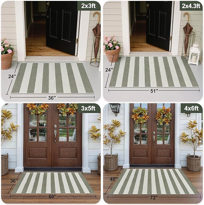 OJIA Striped Outdoor Area Rug 4'x6' Washable Patio Rugs Cotton Woven Living Room Rug Farmhouse Indoor Outdoor Rugs Large Floor Carpet for Courtyard/Bedroom/Entryway (Green/White/Tan)