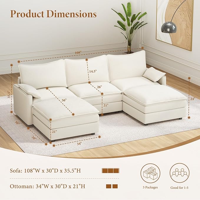 Vesgantti 108" U Shaped Sectional Couch, Comfy Cloud Modular Sectional Sofa with 2 Ottoman Deep Seat Chenille Modern Cloud Sofa, Modular Sofas for Living Room, Bedroom and Apartment, Snow White