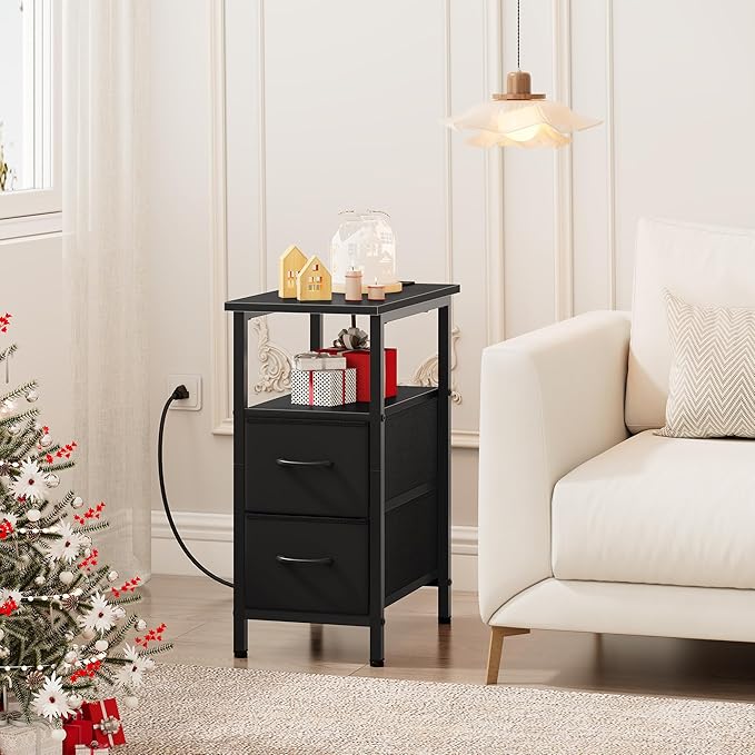 Vagusicc Black End Table with Charging Station, Narrow Side Table, 23.8'' Tall Nightstand with 2 Fabric Drawers, Small Sofa Side Table Narrow Nightstand for Small Spaces, Living Room, Bedroom, Black