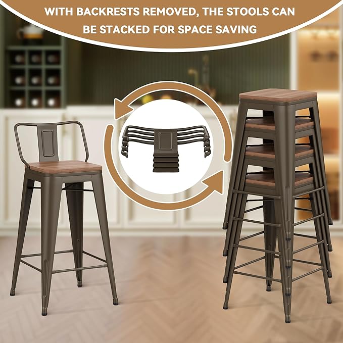 24 Inch Swivel Bar Stools Set of 4 with Backs Counter Height Industrial Metal Barstools Island Bar Chairs for Home Kitchen Dining Room (Swivel 24 inch,Rusty Wooden)