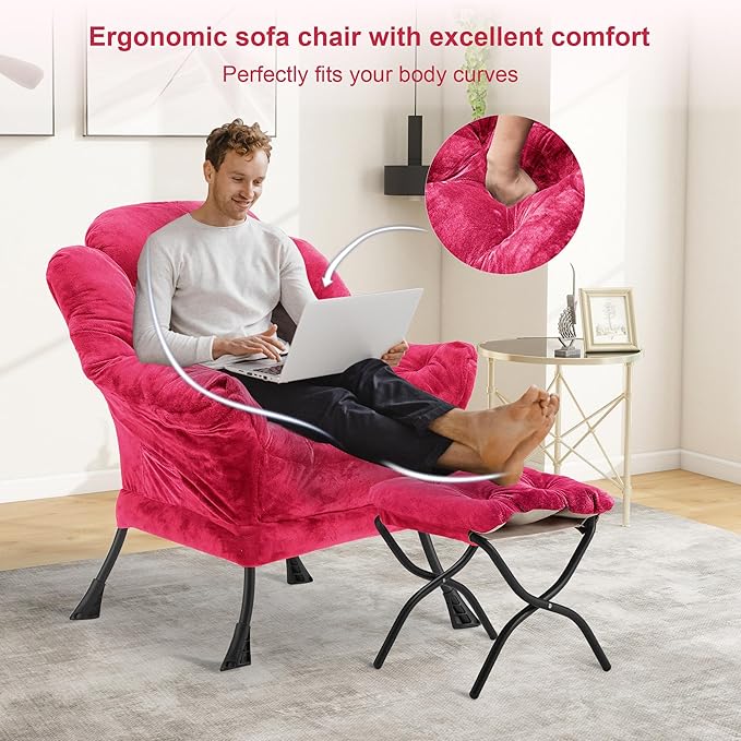 Fabric Lazy Chair with Ottoman, Oversized Upholstered Sofa Chair for Adults, Plush Comfy Lounge Chair with Large Side Storage Pocket, Reading Chair for Living Room, Bedroom, Office, Rose Red