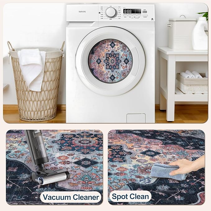 Tangsoo 2x5 Washable Runner Rug for Hallways, Non Slip Vintage Runner, Soft Low Pile Long Rug Runner, Print Distressed Navy/Mlulti Carpet Runners for Kitchen Bedroom Entryway Bathroom Living Room