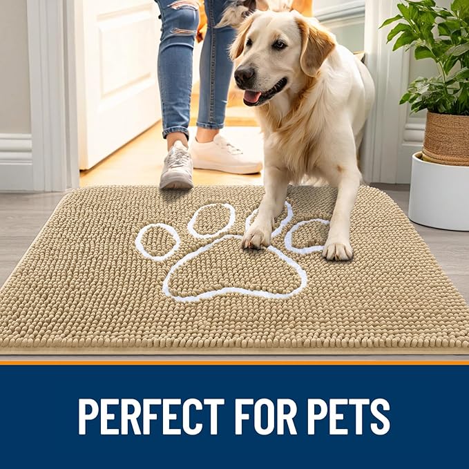 OLANLY Door Mat for Muddy Dog Paws 48x30, Ultra Absorbent Chenille Mud Doormat with Paw Print Design, Non-Slip Washable Doormat for Indoor Entryway, Quick-Dry Pet Bed Mats for Dirty Dogs, Beige