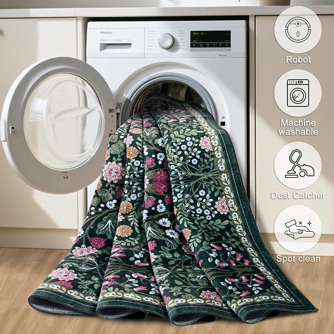 10x14 Area Rugs for Living Room: Floral Washable Rug Vintage Large Soft Boho Non-Slip Carpet Stain Resistant Low Pile Carpets for Bedroom Dining Room Farmhouse Nursery Hallway Home Office Dark Green