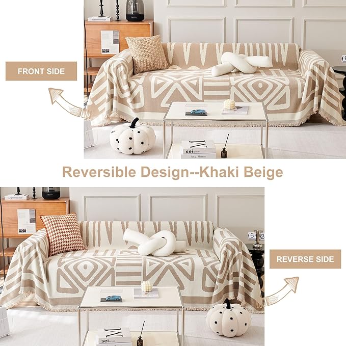 STACYPIK Durable Khaki Couch Covers for Dog Boho L Shape Armchair Slipcovers Tassels Couch Protector for 1 Cushion Couch Reversible Geometric Sofa Cover Anti Slip Multi-Use Couch Cover Blanket-71X71IN