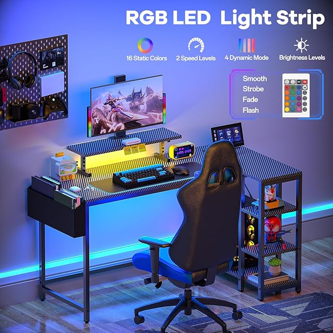 40 inch Gaming Desk with USB Power Outlet and LED Light- Reversible L Shaped Desk with Storage Bag,Computer Desk with Adjustable Monitor Stand& Storage Shelves and CPU Stand,Corner Desk Table