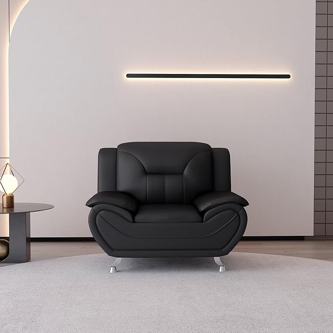 Container Furniture Direct Michael Modern Faux Leather Upholstered Stainless Steel Legs Living Room Sofa, Chair, Midnight Black
