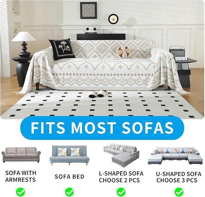 LUFEIJIASHI Boho Couch Covers for Sofa Non Slip Sofa Covers Washable Couch Covers for 3 Cushion Couch Sofa Pet Friendly Sectional Couch Cover Blanket Furniture Protector for Dogs (Khaki, 91"x118")