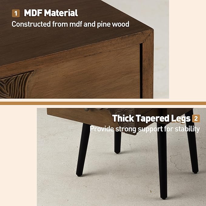 COSIEST Nightstand Set of 2, Mid Century Modern End Table with Storage Drawer, Accent Side Table, Vintage Wood Luxury Night Stand Small Wood End Table for Bedroom, Living Room, Walnut