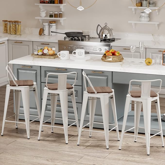24 Inch Swivel Bar Stools Set of 4 with Backs Counter Height Industrial Metal Barstools Island Bar Chairs for Home Kitchen Dining Room (Swivel 24 inch, White Wooden)