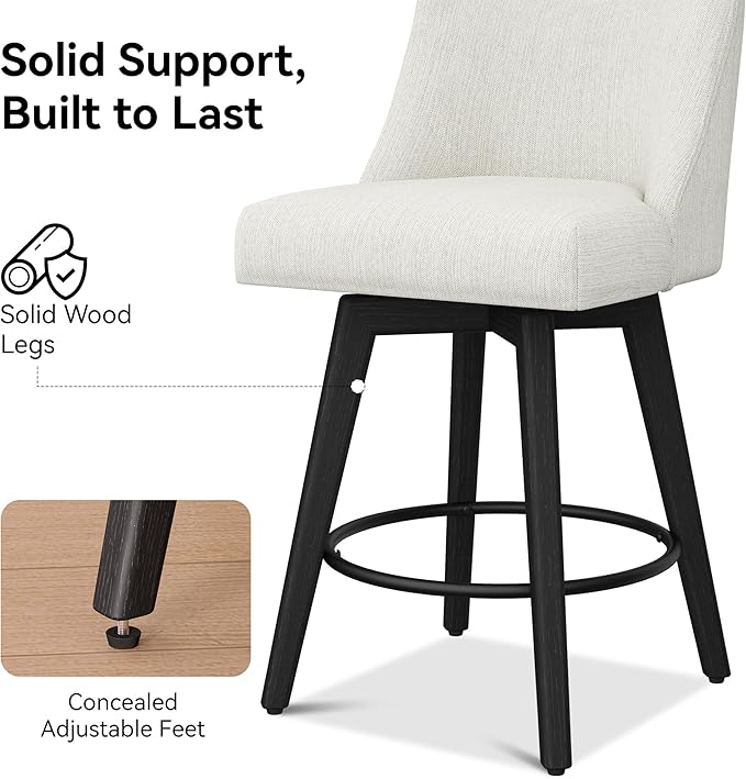 Counter Height Bar Stools Set of 8, Modern Swivel Barstools with Back and Wood Legs, Linen Fabric Upholstered Bar Chairs, 26" H Kitchen Counter Stools, Kitchen Island Home Bar, Ivory