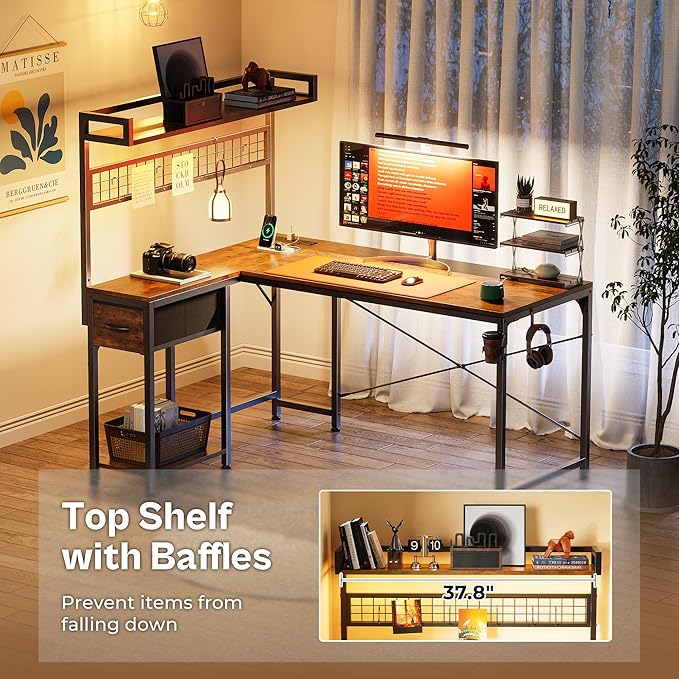 PRAISUN L Shaped Gaming Desk with Shelves, Corner Computer Table with LED Lights, Power Outlets and USB-C Ports, 50 Inch Reversible Home Office Desk with Storage Drawer, Work and Study, Rustic Brown