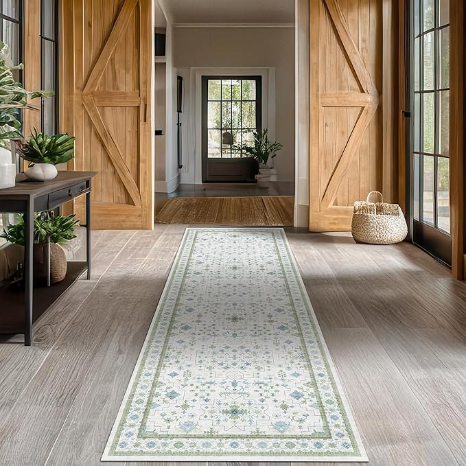 Oushak Wide Hallway Runner Rug 2'6"x10' - Vintage Turkish Floral, Washable Low Pile Non Slip 10ft Wide Runners for Kitchen, Hall Way - Blue and Green