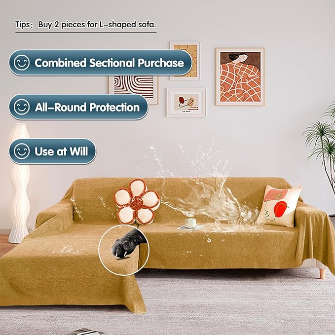 STACYPIK Waterproof Yellow Couch Cover,Non-Slip Sofa Cover for Loveseat, Water Resistant Furniture Protector, Sofa Cover for 3 Cushion Couch,L Shaped for Sectional, Anti-Scratch Sofa Covers-71X150IN