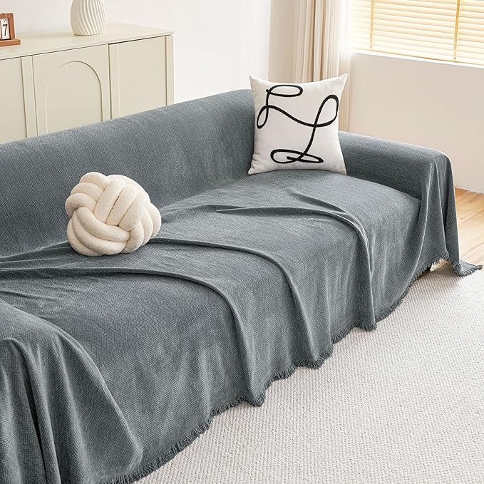 hyha Couch Cover for Dogs, Boho Sofa Covers for 3 Cushion Couch Washable, Chenille Sofa Slipcover for Pets, Soft Loveseat Sectional Couch Throw Blankets with Tassels (Grey, 88.5x150 Inch)