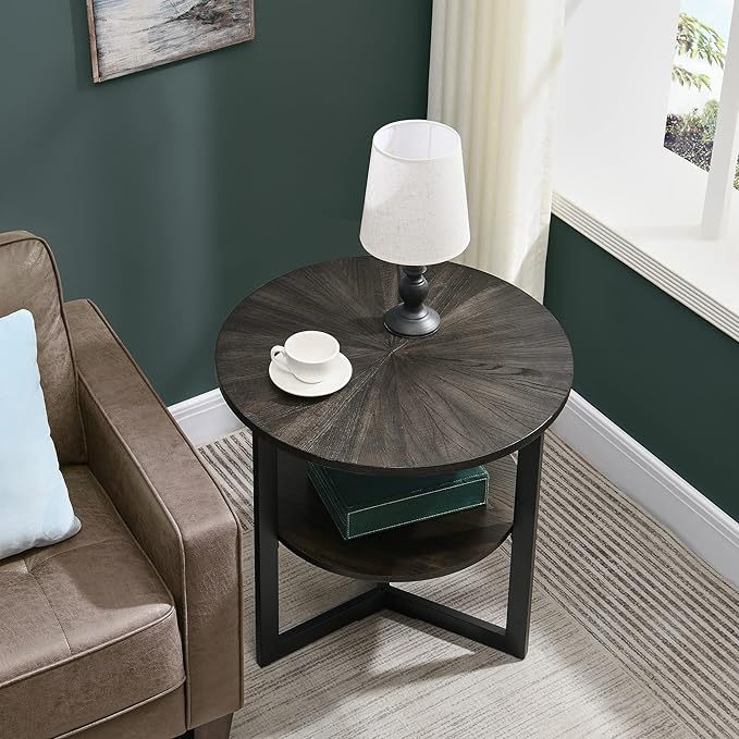LEEMTORIG Round Side Table, Large 2-Tier End Table Nightstand with Metal Legs, Modern Bedside Couch Table for Living Room, Bedroom, Office, Rustic Black/Black, 25.2 x 25.2 x 24 inches CJZ-1338-BK