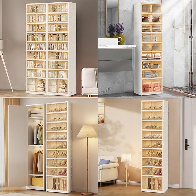 Foldable Shoe Organizer Storage Box, Portable Extra Large Folding Shoe Rack for Closet, Shoe Storage Box with Magnetic Transparent Door and Wheels, 9 Layers 18 Grids with 2 Big Grids for 2 PCS