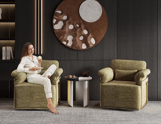 KEIKI Modern Comfy Swivel Accent Reading Chair with Waist Pillows, 360°Square Upholstered Barrel Armchair Single Club Lounge Sofa Chairs for Living Room,Bedroom,Office,Brown