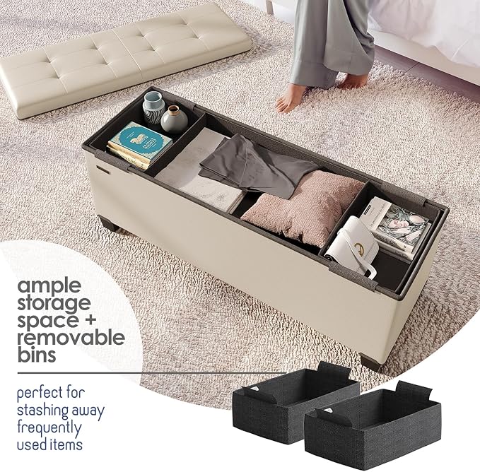 STORAGEBUD Storage Ottoman Bench with Bins, 43-in Storage Bench for Bedroom End of Bed, Folding Foot Rest Ottoman for Living Room Max 660lbs, Faux Leather Ottomans, Beige