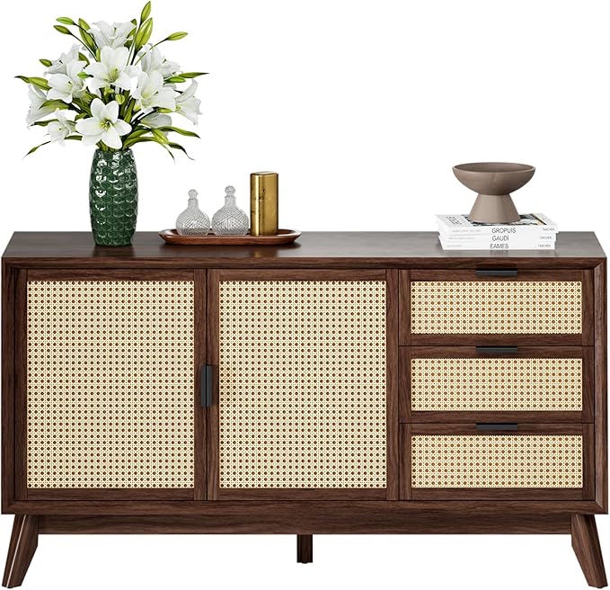 Bme Jasper Sideboard with 3 Drawers & 2 Rattan Doors, Buffet Cabinet with Storage for Dining Room, Living Room, Adjustable Shelves, Walnut