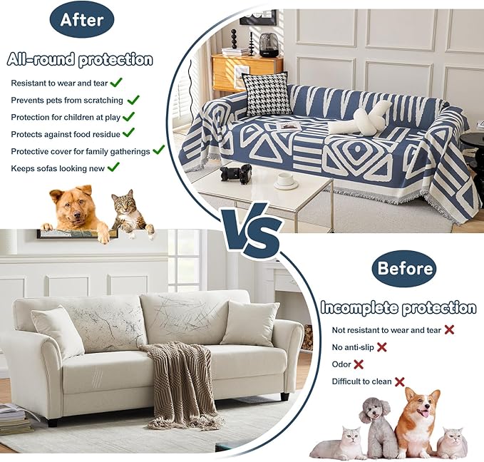 HANDONTIME Boho Couch Covers for Sofa Chenille Sofa Covers Denim Blue Sofa Cover Blanket Sectional Sofa Cover Geometric Reversible Couch Cover for L Shaped Couch Couch Protector for Dogs, 71" X150"
