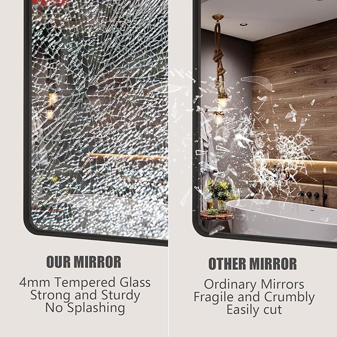 48x36 Matte Black Bathroom Mirror, Modern Rectangle Metal Framed Mirrors for Wall, Rounded Corners, Shatter-Proof (Horizontal/Vertical)