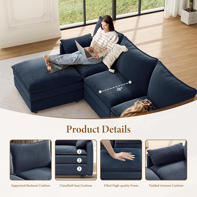 Vesgantti 142" Cloud Couch Sectional Modular Sofa, Comfy Sectional Couch with Ottoman Deep Seat Chenille L Shaped Sofa, Modular Couches for Living Room, Bedroom and Apartment, Blue