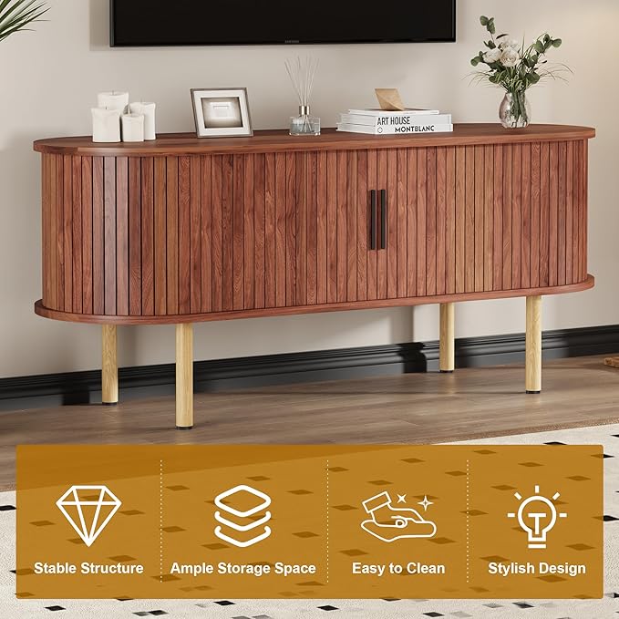 GarveeHome 47.2" TV Stand, Modern TV Console Table with Storage Compartment and Sliding Door, Gaming Entertainment Center with Cabinet for Living Room, Bedroom, Office, Walnut