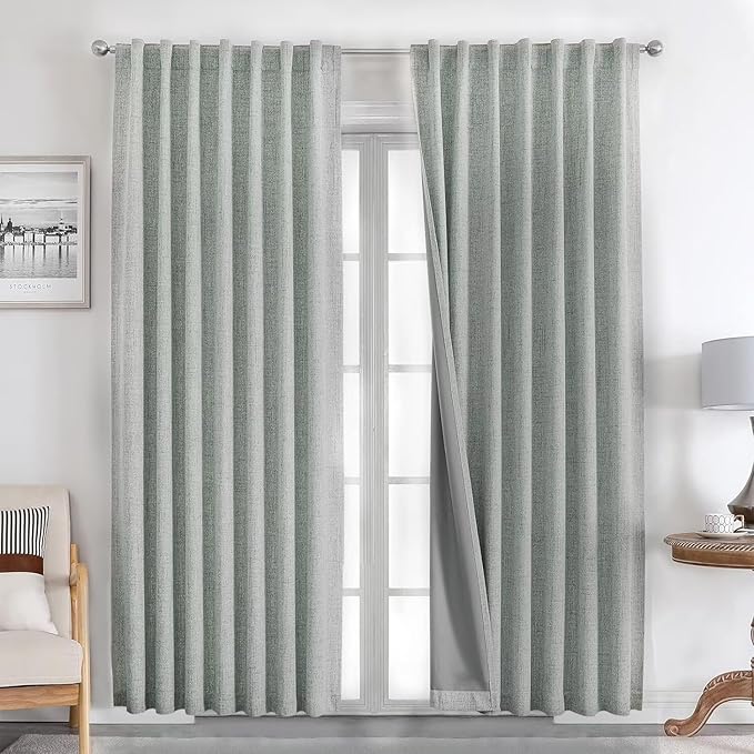 Joydeco Natural Linen Curtains 108 inch Length 2 Panels Set Burg 100% Blackout Patio Door Curtain Room Darkening Sliding Door Curtains Thermal Insulated Back tab Rod Pocket(105x108 inch, Sage Green)