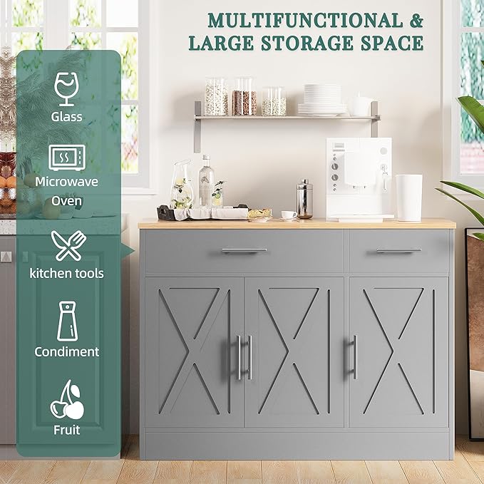 Shintenchi Modern Farmhouse Sideboard Buffet Cabinet with Storage with 3 Doors, 42"Barn Doors Buffet Cabinet with Storage, Wood Coffee Bar Cabinet with Adjustable Shelf for Kitchen, Living Room, Grey
