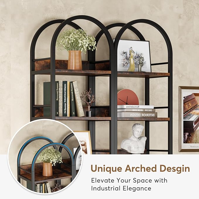 Tribesigns 6-Tier Open Bookshelf, 78.7" Tall Arched Bookcase Narrow Bookshelf with Metal Frame, Freestanding Corner Bookcase Display Shelves for Living Room, Home Office, Rustic Brown