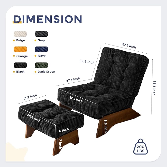 MAXYOYO Accent Chair with Ottoman Adjustable Backrest, Tufted Living Room Chair Upholstered Lounge Chair with Footrest Set, Modern Chair Cozy Reclining for Reading Room, Black