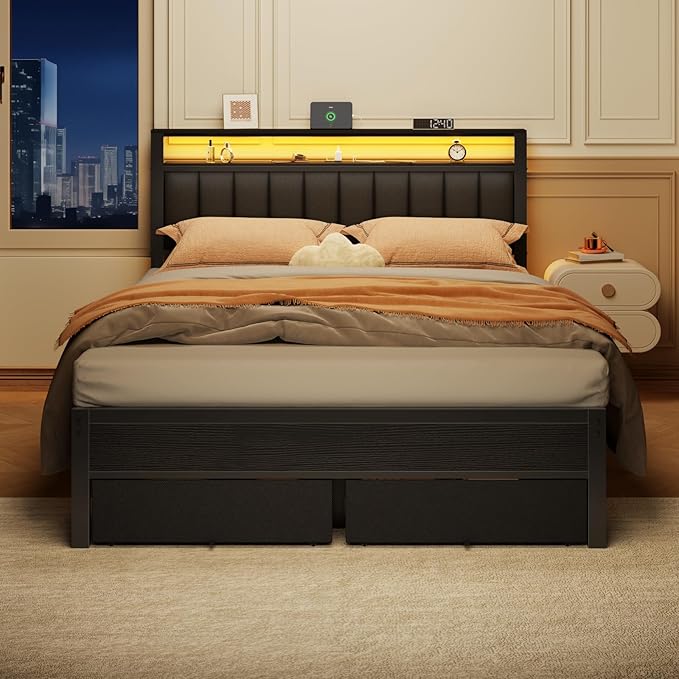 Furnulem Queen Bed Frame with Charging Station and LED Lights, Grey Upholstered Headboard with Shelves, Metal Platform Bed with 2 Under-Bed Storage (Fabric Drawer on Wheels), No Box Spring Needed