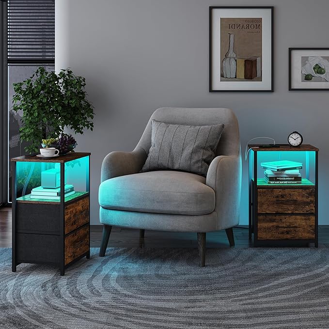 TUTOTAK LED End Table with Charging Station, Night Stand, Side Table with 2 USB Ports and Outlets, Nightstand with Cloth Drawer, Bedside Table for Livingroom, Bedroom Brown TB01BB088L