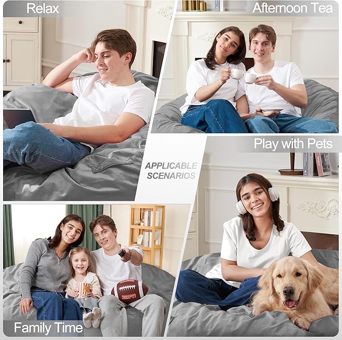 Homguava 5 FT Bean Bag Chair: 5' Bean Bags with Memory Foam Filled, Large Beanbag Chairs Soft Sofa with Dutch Velvet Cover-Light Grey