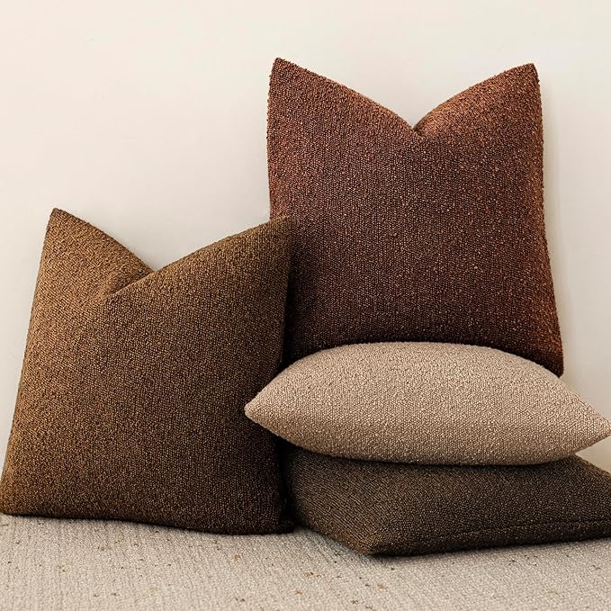 Foindtower Pack of 2 Textured Boucle Throw Pillow Covers Accent Solid Pillow Cases Cozy Soft Decorative Couch Cushion Case for Chair Sofa Bedroom Living Room Home Decor 18x18 Inch Hazel Brown