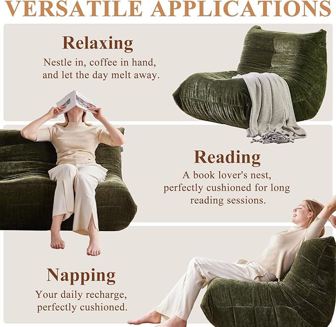 Bean Bag Chair, 3 Seater Fireside Chair Large Bean Bag Sofa for Adults, Memory Foam Chair Gaming Chairs with Comfy Design & Soft Fabric, Lazy Floor Sofa for Living Room, Bedroom, Olive Green