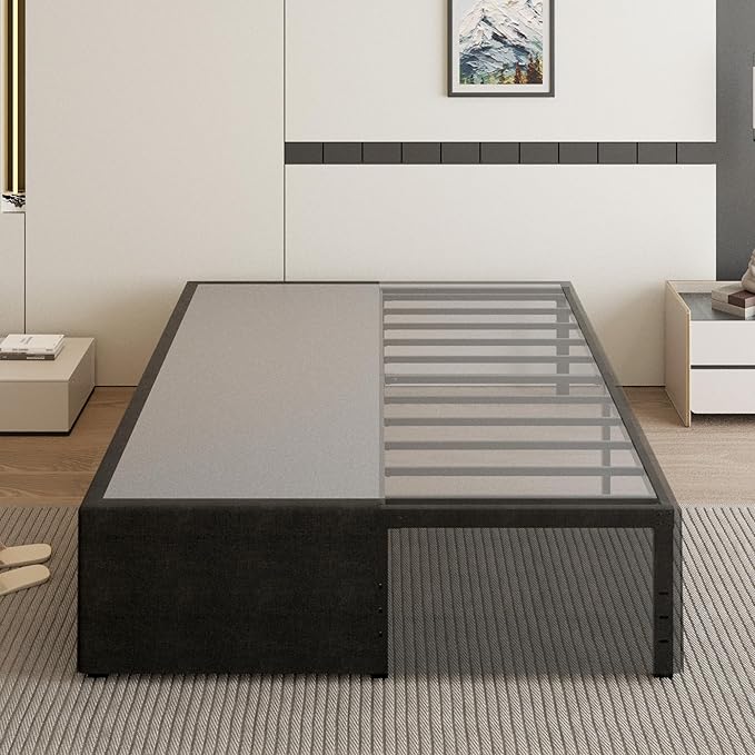 18 Inch Queen Bed Frame with Black Bed Cover, Metal Bed Frames Queen Size No Box Spring Needed, Heavy Duty Mattress Foundation, Easy Assembly, Noise Free