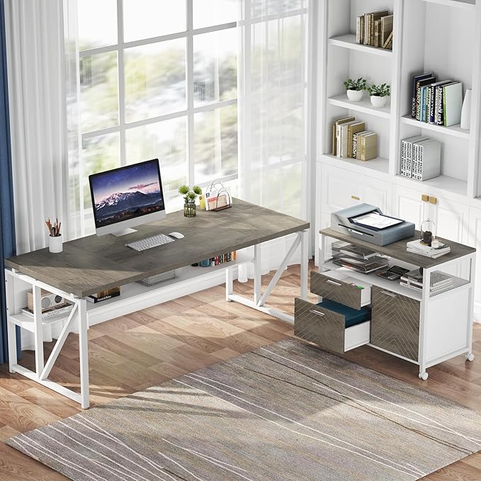 Tribesigns L Shaped Desk with Drawer Cabinet, 63" Executive Computer Desk and lateral File Cabinet, 2 Piece Home Office Furniture with Drawers for Hanging File, Doors with Locks (Dark Oak, 63-inches)