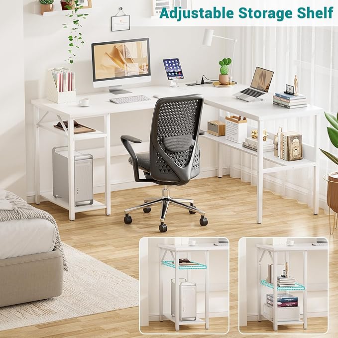 Reversible L Shaped Gaming Desk with Power Outlets and USB Charging Ports, Sturdy Computer Desks with Storage Shelf, Modern Corner Desk Home Office Table, Easy to Assemble, White