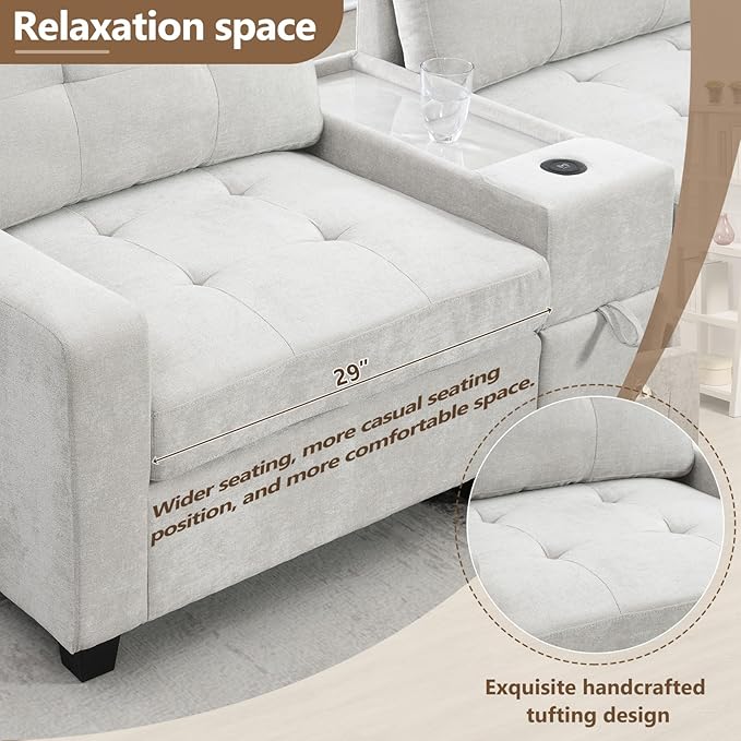 Merax 6 Seater Chenille Sectional Couches with 2 Acrylic Table Top Consoles, Upholstered Modular Tufted Sofa Chaise with Ottoman, Storage Drawers, Pockets, USB Charger & Cup Holders for Living Room