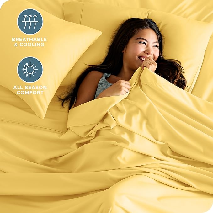Bare Home Queen Sheet Set - Luxury 1800 Ultra-Soft Microfiber Queen Bed Sheets - Double Brushed - Deep Pockets - Easy Fit - 4 Piece Set - Bedding Sheets & Pillowcases (Queen, Lemon Drop)