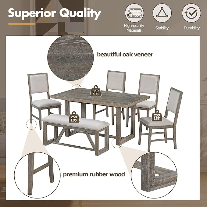 Ball & Cast 6-Piece Dining Table Set for 6 People, 60" Wood Dining Kitchen Table & Chairs Set, Dining Room Table with Upholstered Chairs and 1 Bench, Perfect for Dining Room, Kitchen, Gray