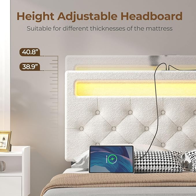 Rolanstar Queen Bed Frame with 4 Storage Drawers and Charging Station, Queen Bed with Led Lights, 2 USB & 1 Type C, Adjustable Headboard 38.9/40.10 Inches, No Box Spring Needed, White