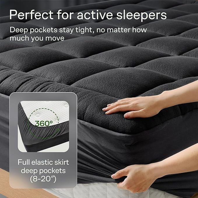 Ultra Soft Full Size Mattress Topper - Viscose Made from Bamboo Pillow Top Mattress Pad for Back Pain Relief - Naturally Cooling for Hot Sleepers, Black