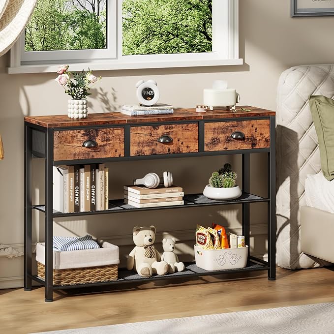 Furologee Entryway Table, 38'' Console Sofa Table with 3 Fabric Drawers, Industrial Entry Way Table with Storage Shelves, Display Shelf for Living Room, Hallway, Entrance, Foyer, Rustic Brown